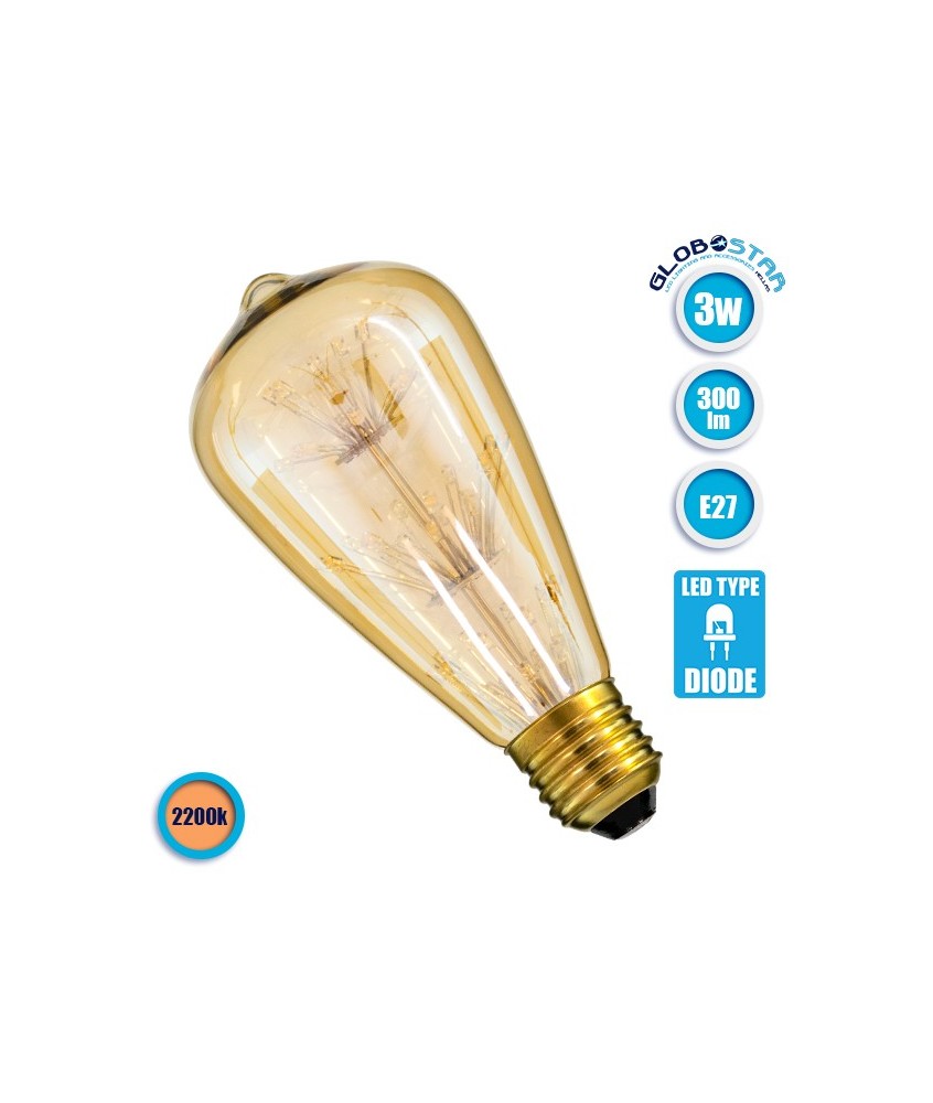 GLOBOSTAR® PEAR 99202 Λάμπα E27 ST64 LED 3W 300lm 360° AC 220-240V IP20 Ultra Θερμό Λευκό 2200K - Diode HP Filament Chip - Μελί - Μ6.4 x 6.4 x Υ14.5cm - 3 Χρόνια Εγγύηση